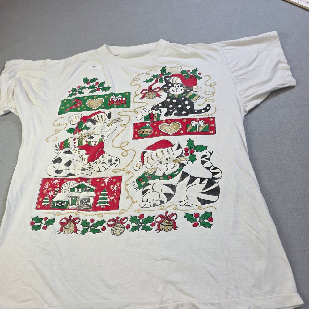 Vintage Christmas Cats T-Shirt White Single Stitch Glitter Holiday 90s Large